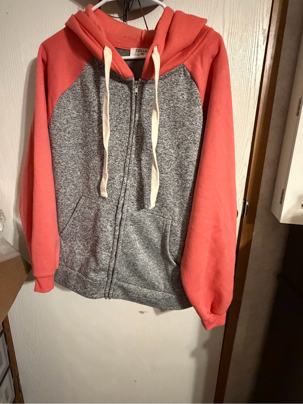 Zenana Colorblock Raglan Zip Up Hoodie Coral Grey 3X
